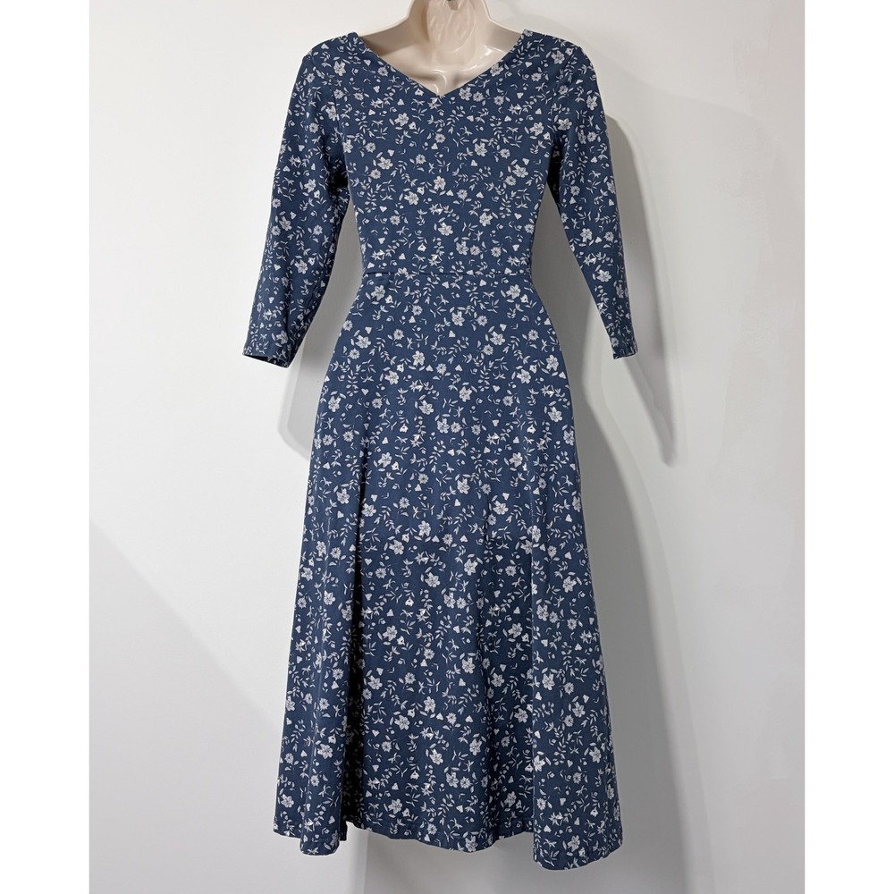 Pact Organic Cotton Midi Dress Floral Size XS 3/4 Sleeve Blue Stretch Granola - Picture 2 of 9